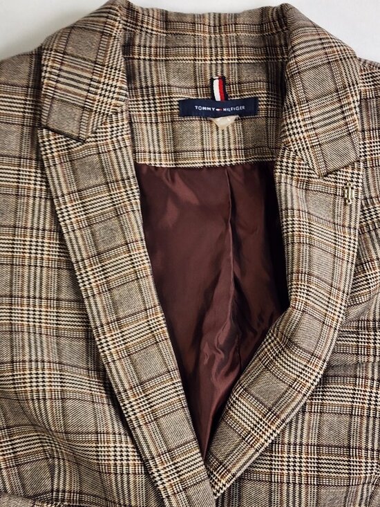 Tommy Hilfiger Women's Blazer Jacket Size 4 Brown Plaid Elbow Patches FLAW - Picture 2 of 16